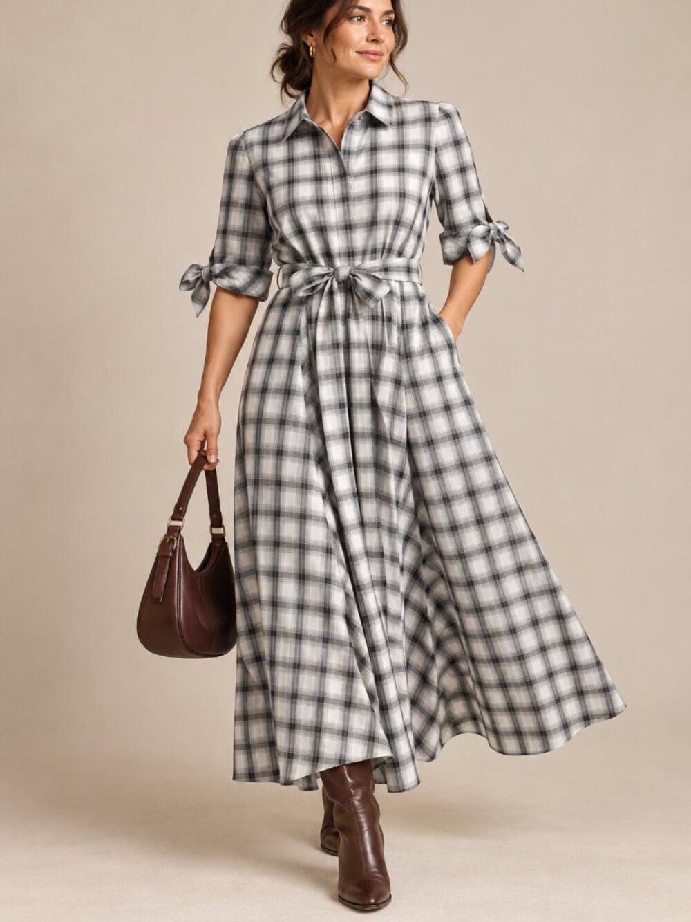 Calvin Klein Black White Plaid Belted Maxi Shirt Dress Size 2